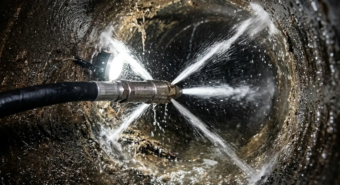 High-pressure hydro jetting nozzle cleaning sewer pipe for Sewer Line Relining in Fair Lakes