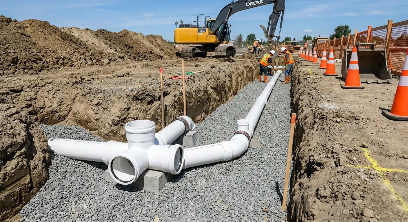 New PVC sewer pipe installation in open trench for Sewer Backup in Fair Lakes