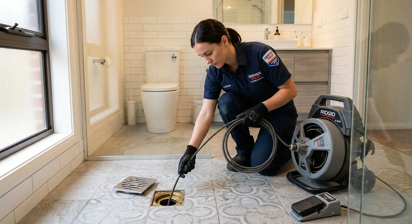 Technician clearing a bathroom floor drain for Drain Cleaning in Fair Lakes